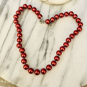 Vintage Red Pearl Necklace Round Acrylic Beads Single Strand Silver Toned Clasp‎